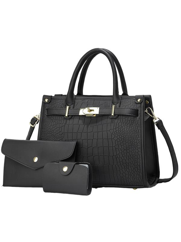 Women's Croc Embossed Crossbody Handbag Set in Black – front view | Hensley London