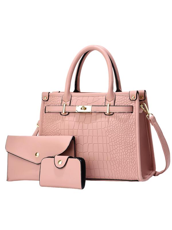 Women's Croc Embossed Crossbody Handbag Set in Pink – front view | Hensley London