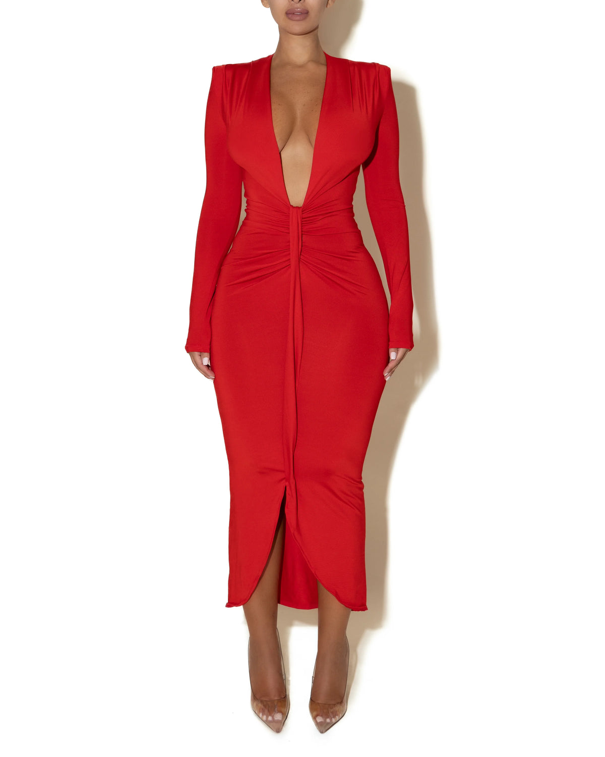 Women's Plunge-Neck Front-Slit Midi Dress – Product view | Hensley London
