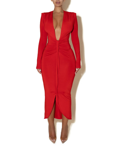Women's Plunge-Neck Front-Slit Midi Dress – Product view | Hensley London