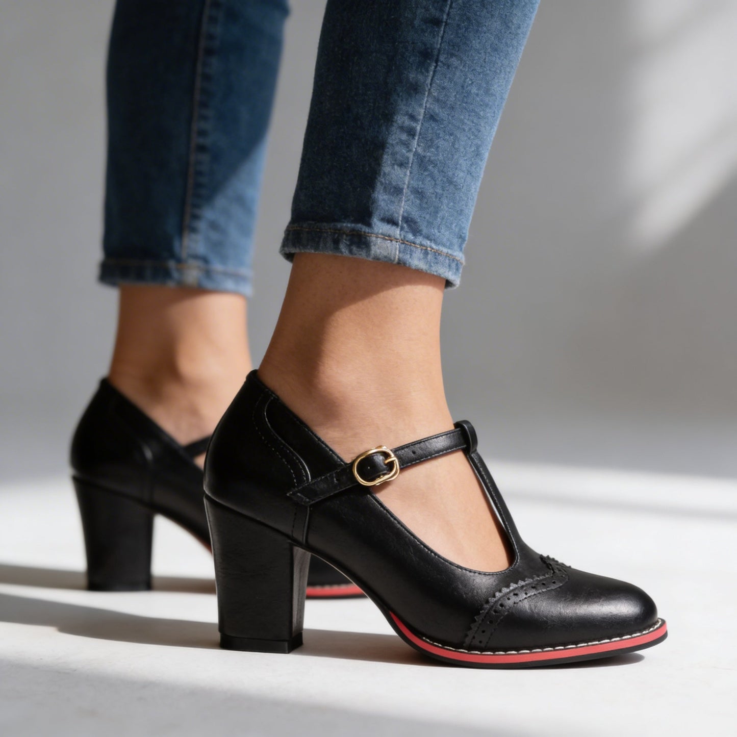 Women's Leather Brogue Block-Heel Loafers – product view | Hensley London