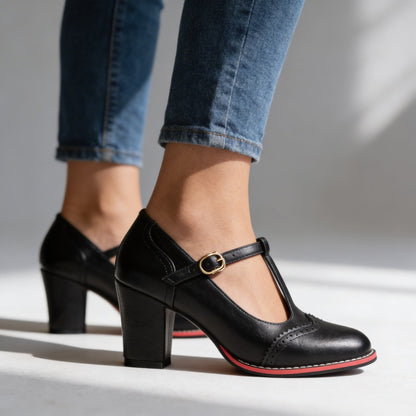 Women's Leather Brogue Block-Heel Loafers – product view | Hensley London