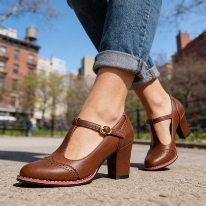 Women's Leather Brogue Block-Heel Loafers – product view | Hensley London