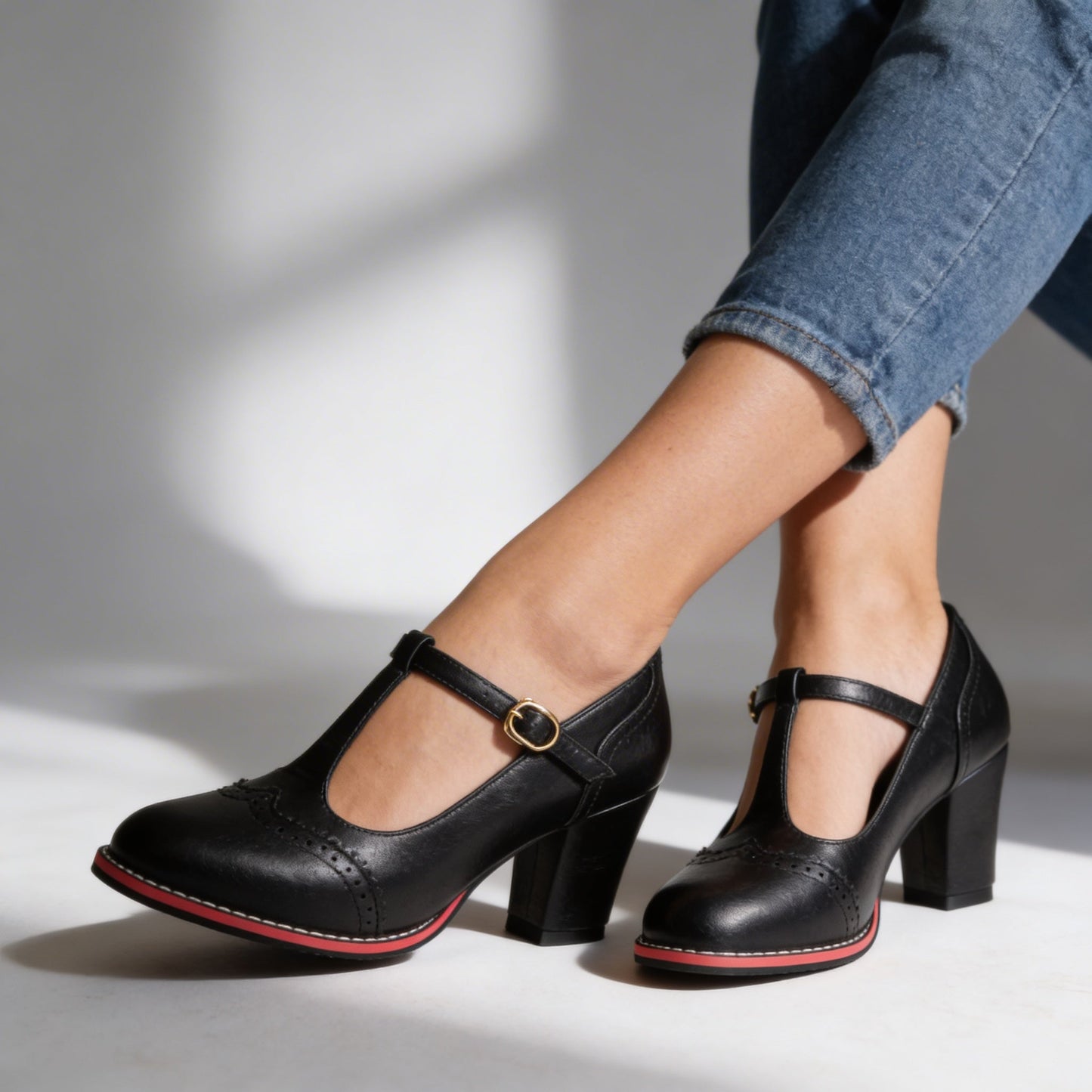 Women's Leather Brogue Block-Heel Loafers – product view | Hensley London