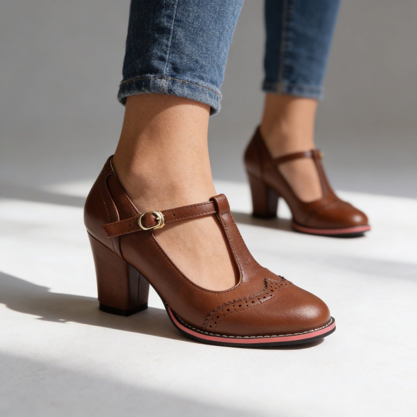 Women's Leather Brogue Block-Heel Loafers – product view | Hensley London
