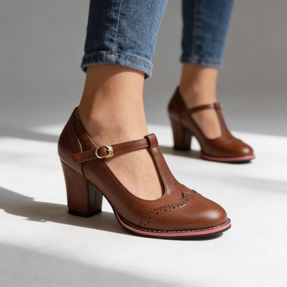 Women's Leather Brogue Block-Heel Loafers – product view | Hensley London