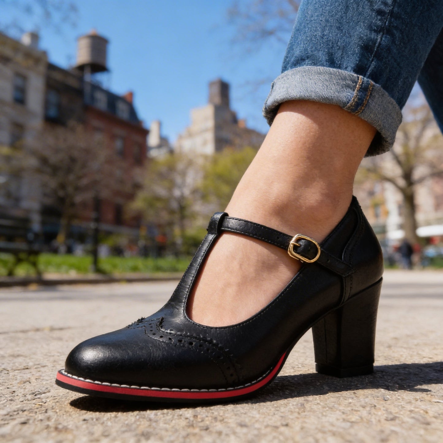 Women's Leather Brogue Block-Heel Loafers – product view | Hensley London