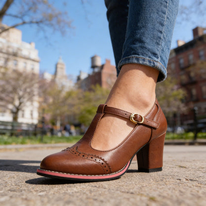 Women's Leather Brogue Block-Heel Loafers – product view | Hensley London
