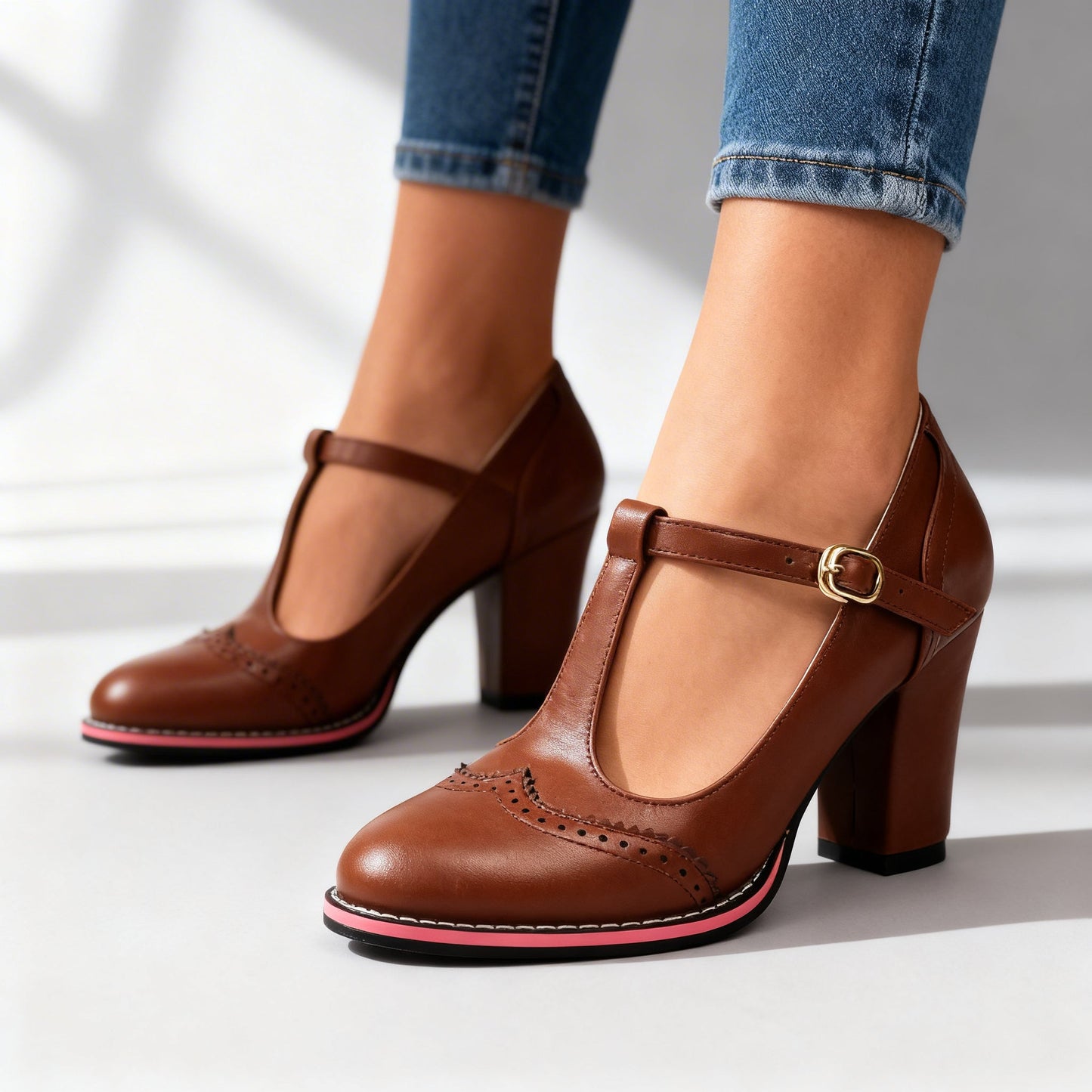 Women's Leather Brogue Block-Heel Loafers – product view | Hensley London