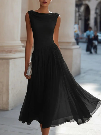 Women's Sleeveless Draped Cowl Neck Midi Dress – Flowy Fit