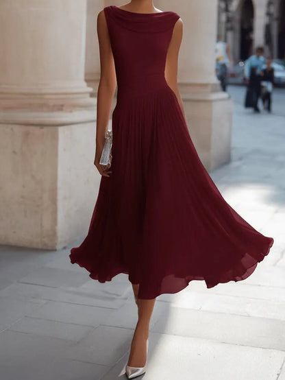 Women's Sleeveless Draped Cowl Neck Midi Dress – Flowy Fit