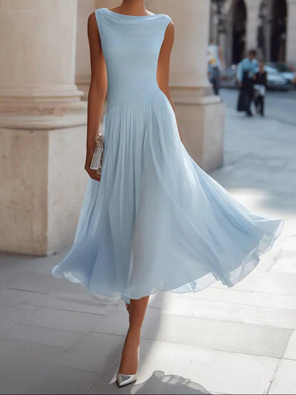 Women's Sleeveless Draped Cowl Neck Midi Dress – Flowy Fit