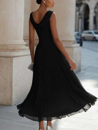 Women's Sleeveless Draped Cowl Neck Midi Dress – Flowy Fit