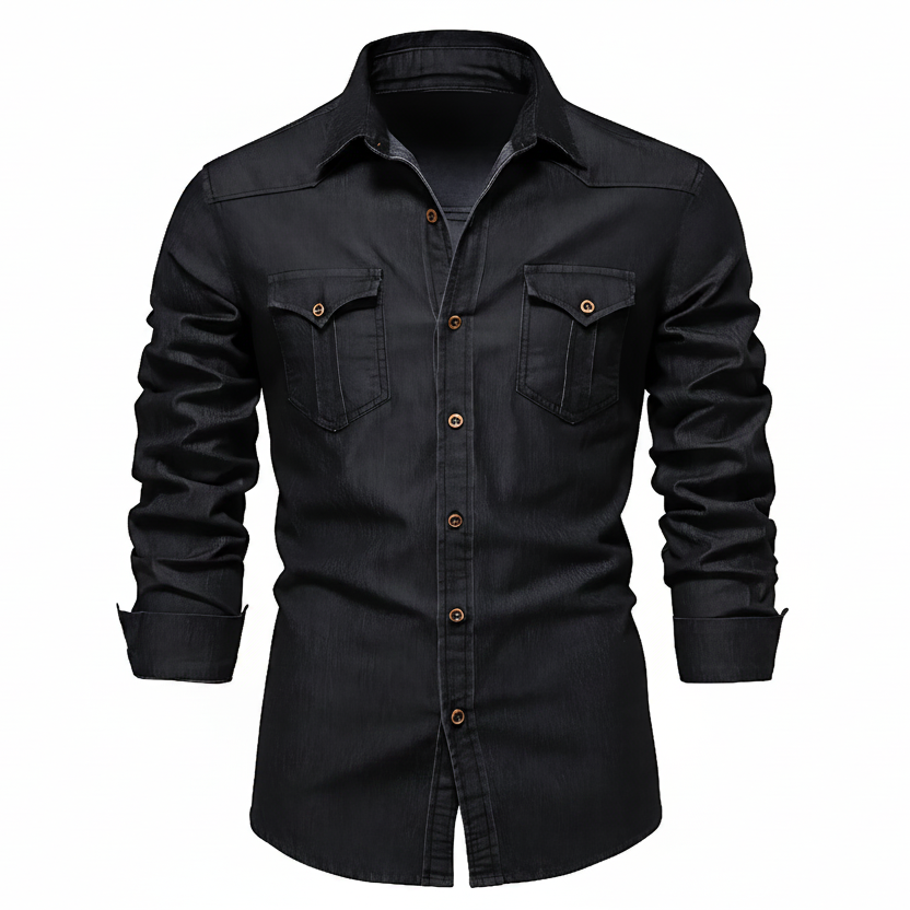 Men's Stretch Cotton Denim Button-Up Shirt in Blue – front view | Hensley London