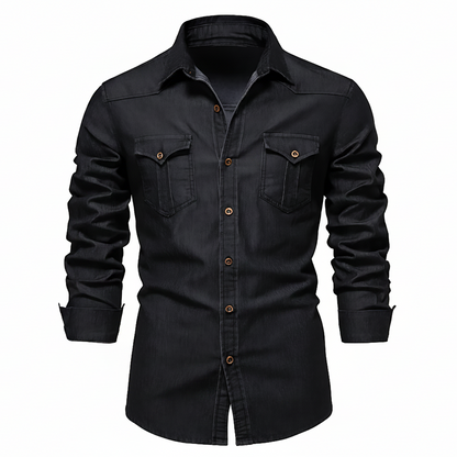 Men's Stretch Cotton Denim Button-Up Shirt in Blue – front view | Hensley London
