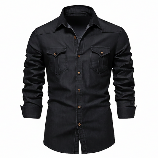 Men's Stretch Cotton Denim Button-Up Shirt in Blue – front view | Hensley London