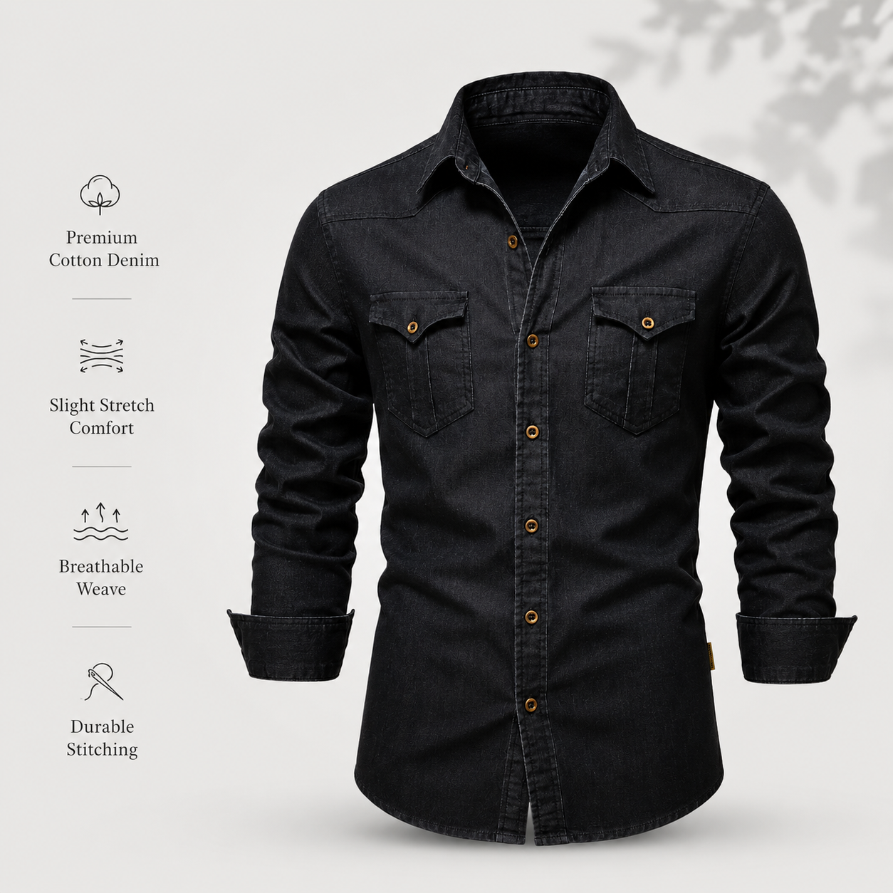 Men's Stretch Cotton Denim Button-Up Shirt – Tailored