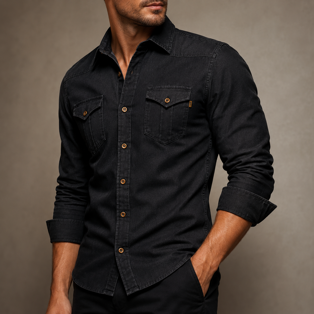Men's Stretch Cotton Denim Button-Up Shirt – Tailored