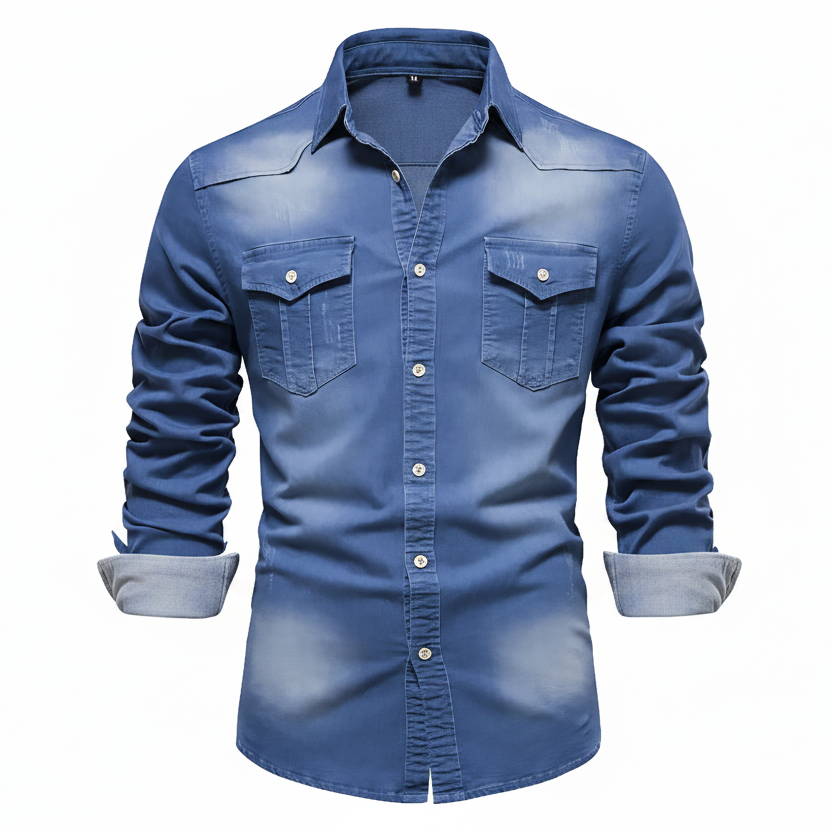 Men's Stretch Cotton Denim Button-Up Shirt – Tailored