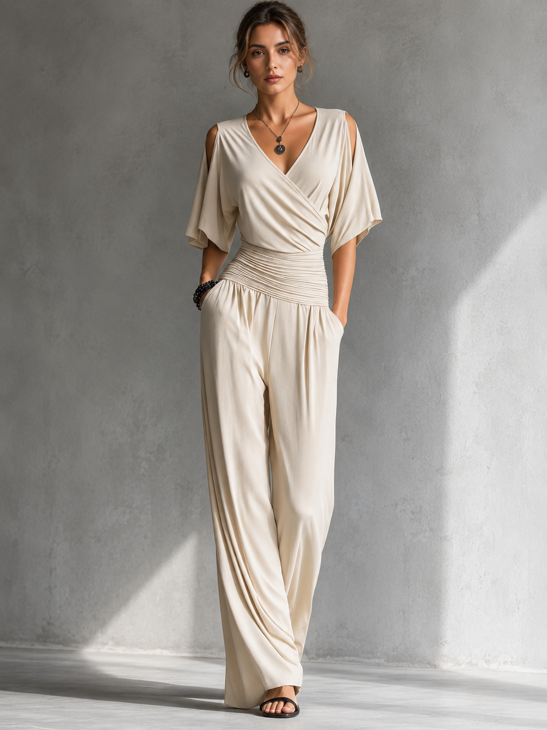 Women's Elegant Off-Shoulder Wide-Leg Jumpsuit – Ruched Waist