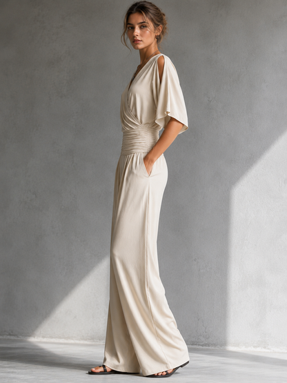 Women's Elegant Off-Shoulder Wide-Leg Jumpsuit – Ruched Waist