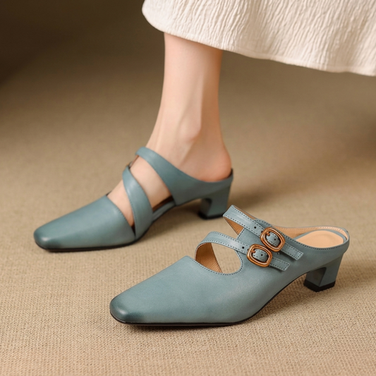 Women's Genuine Leather Dual-Strap Mary Jane Mules – product view | Hensley London