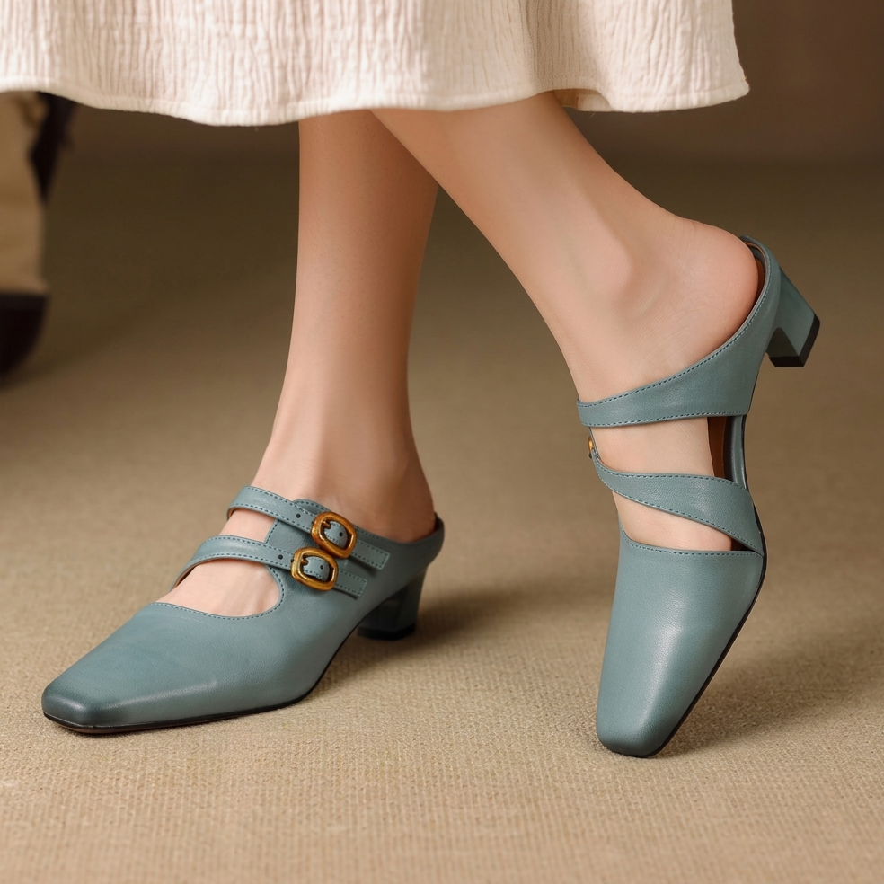 Women's Genuine Leather Dual-Strap Mary Jane Mules – product view | Hensley London