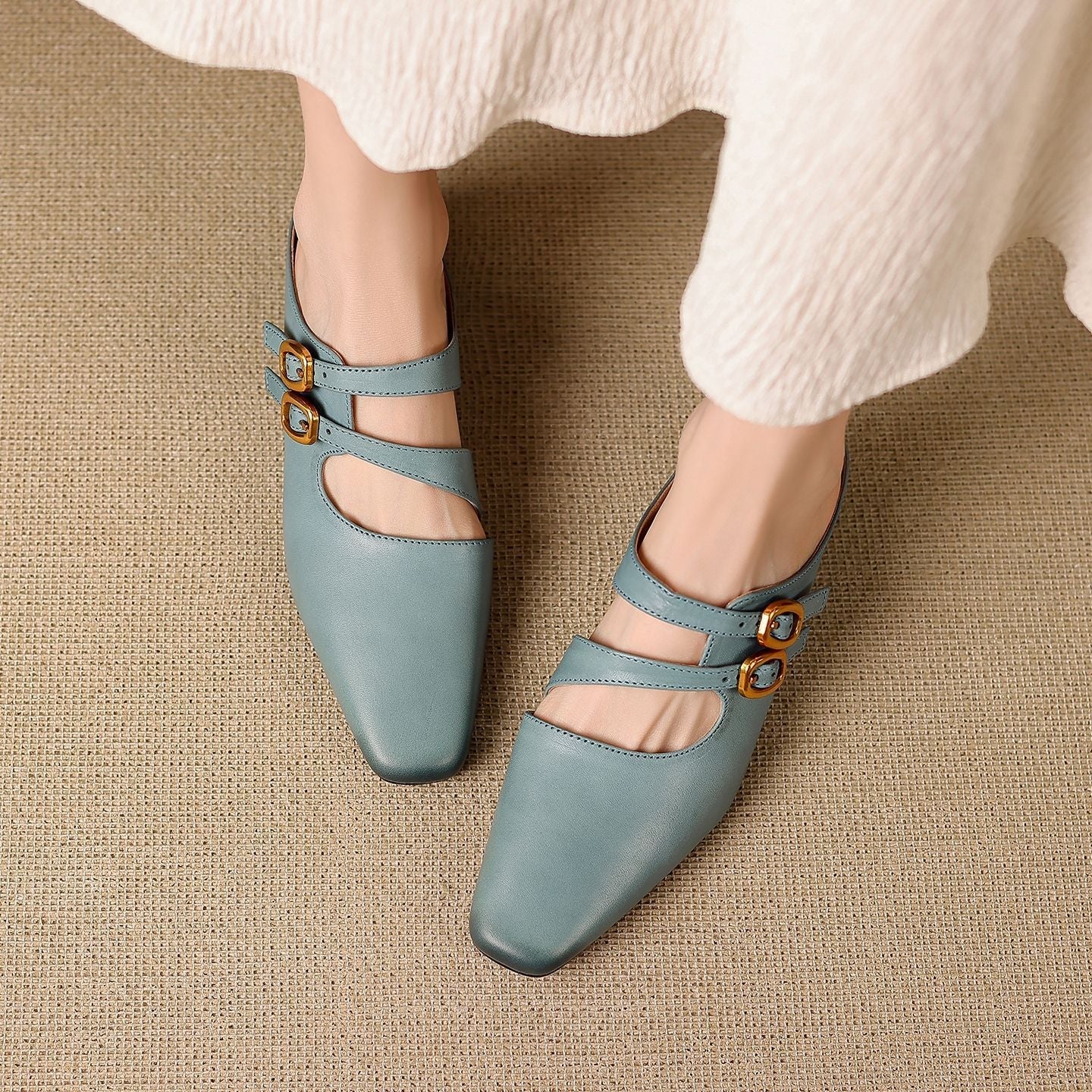 Women's Genuine Leather Dual-Strap Mary Jane Mules – product view | Hensley London