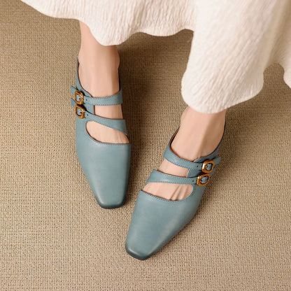 Women's Genuine Leather Dual-Strap Mary Jane Mules – product view | Hensley London