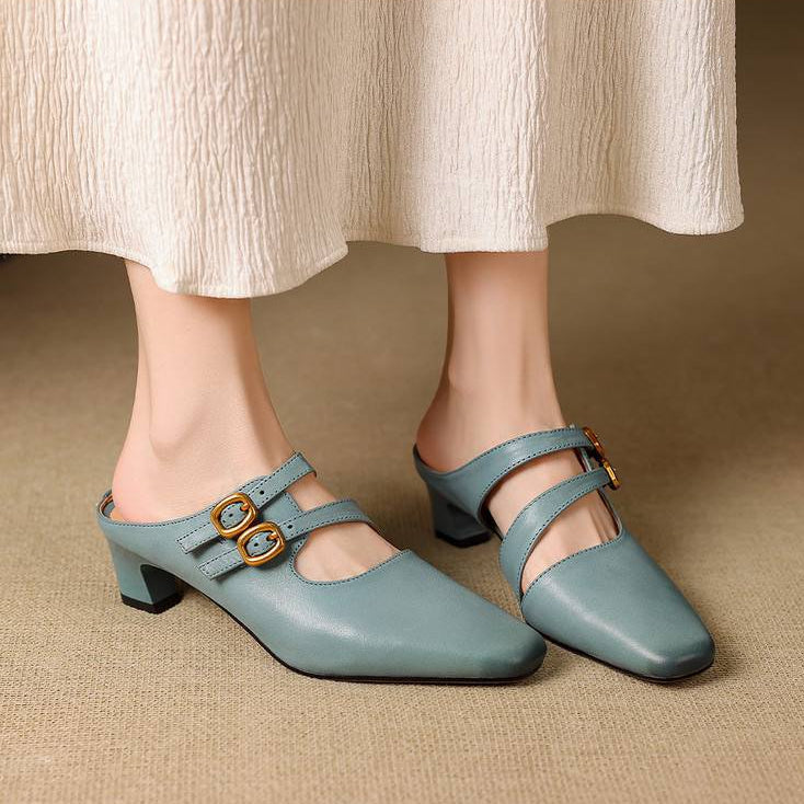 Women's Genuine Leather Dual-Strap Mary Jane Mules – product view | Hensley London