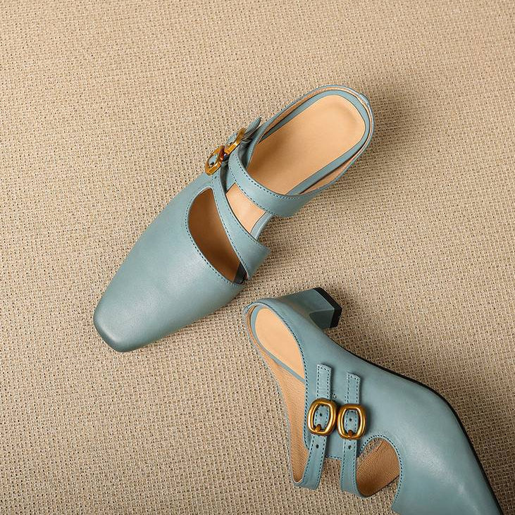 Women's Genuine Leather Dual-Strap Mary Jane Mules – product view | Hensley London