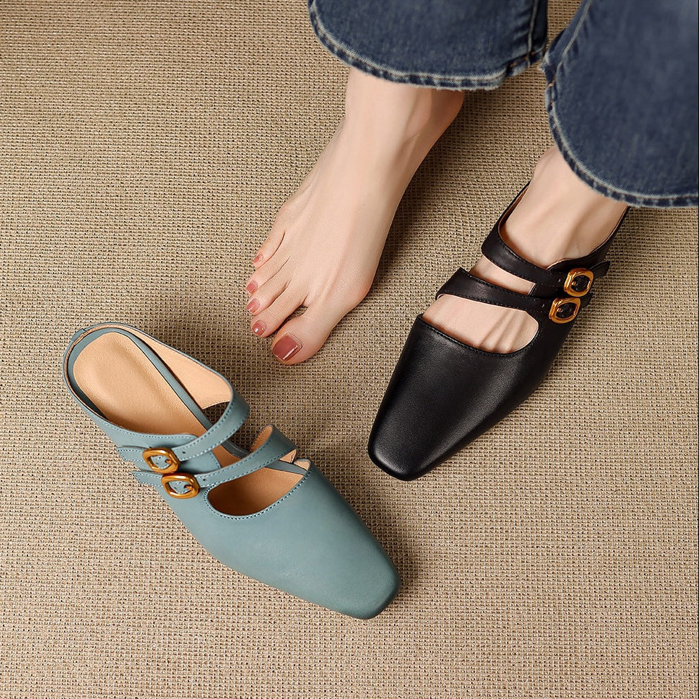 Women's Genuine Leather Dual-Strap Mary Jane Mules – product view | Hensley London