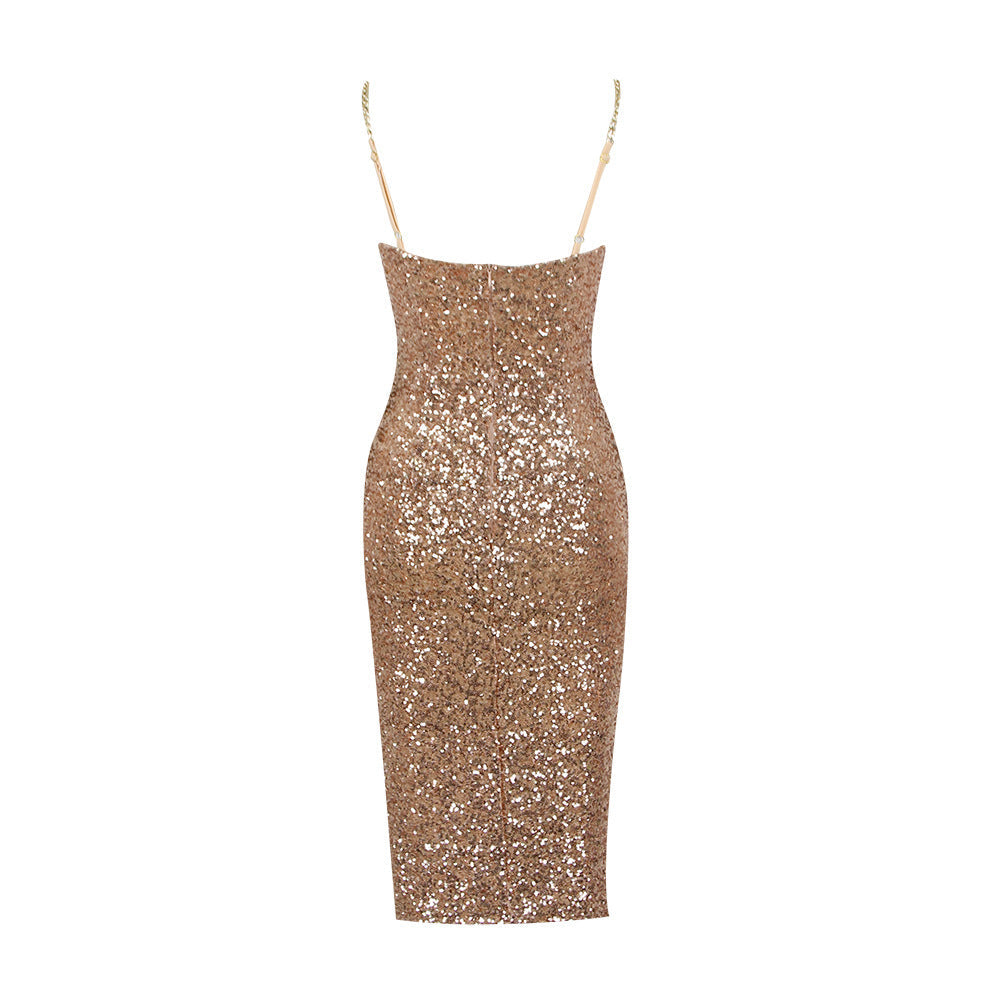 Women's Midi Dress Champagne Glitter Spaghetti Strap - 4