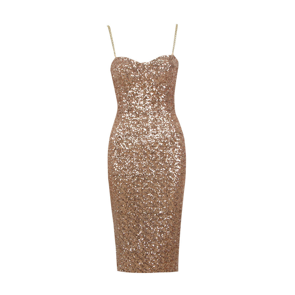 Women's Midi Dress Champagne Glitter Spaghetti Strap - 5
