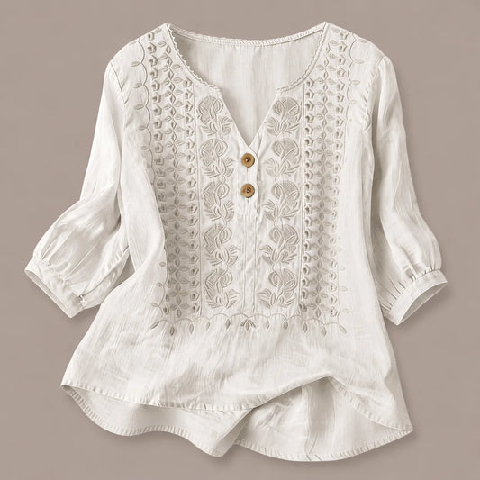 Women's Embroidered V-Neck Blouse in White – product view | Hensley London