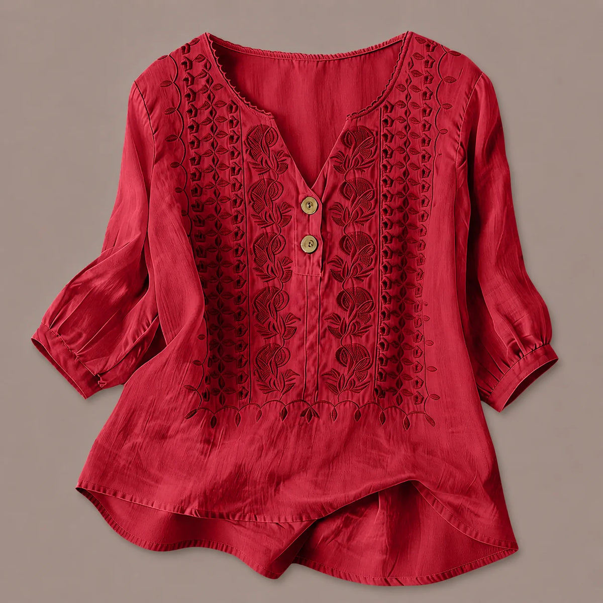 Women's Embroidered V-Neck Blouse in Red – product view | Hensley London