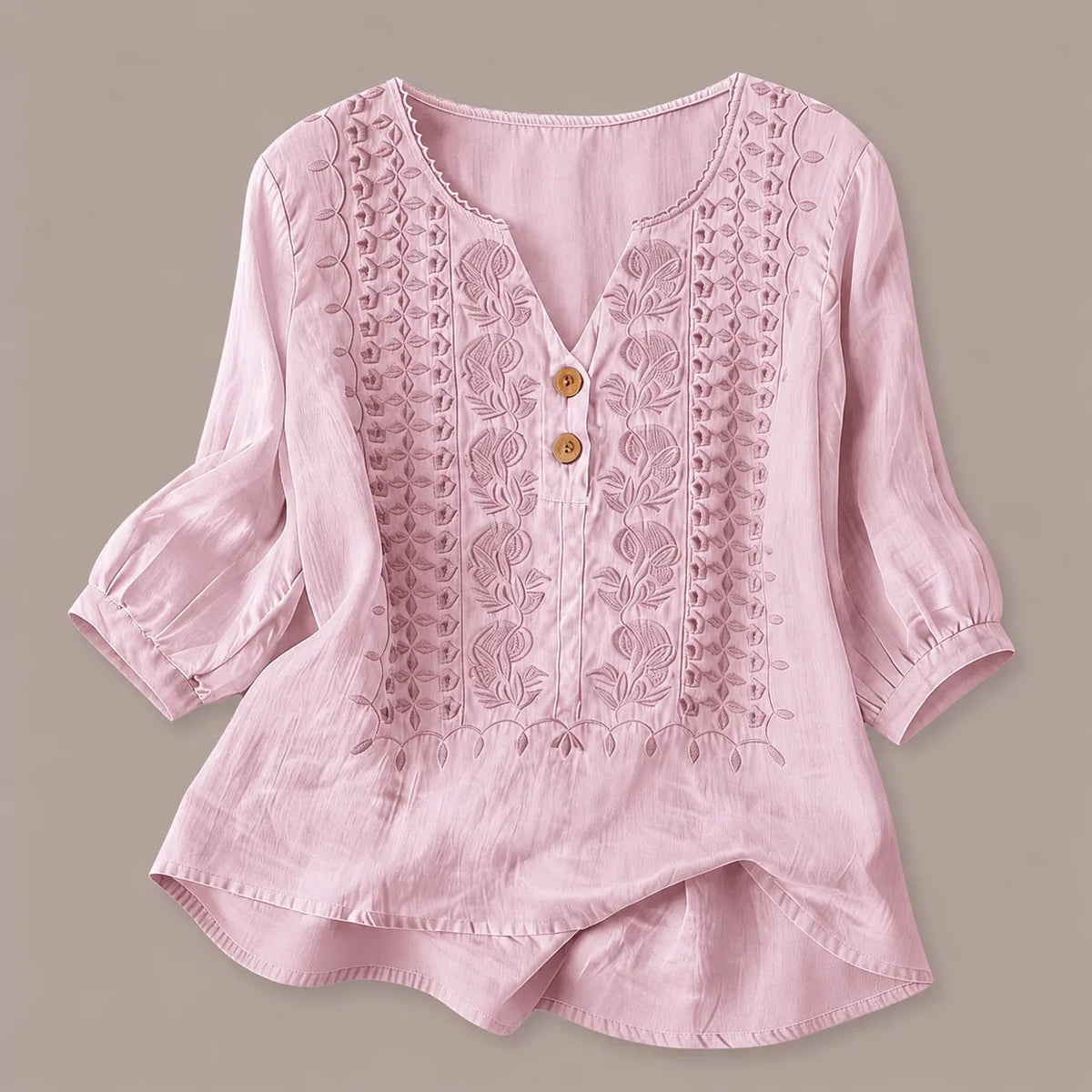 Women's Embroidered V-Neck Blouse in Light Pink – product view | Hensley London