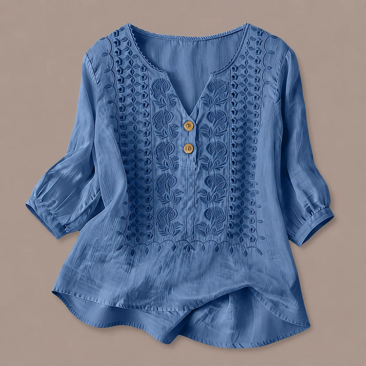 Women's Embroidered V-Neck Blouse in Blue – product view | Hensley London