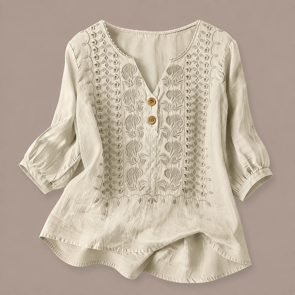 Women's Embroidered V-Neck Blouse in Beige – product view | Hensley London