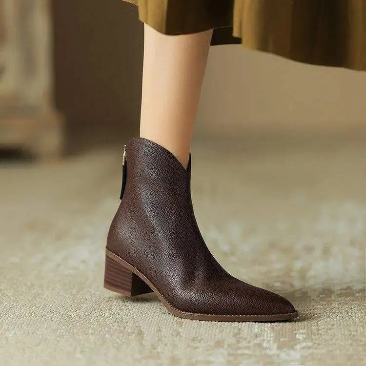 Women's Leather-Look Pointed-Toe Ankle Boots in Brown – Product view | Hensley London