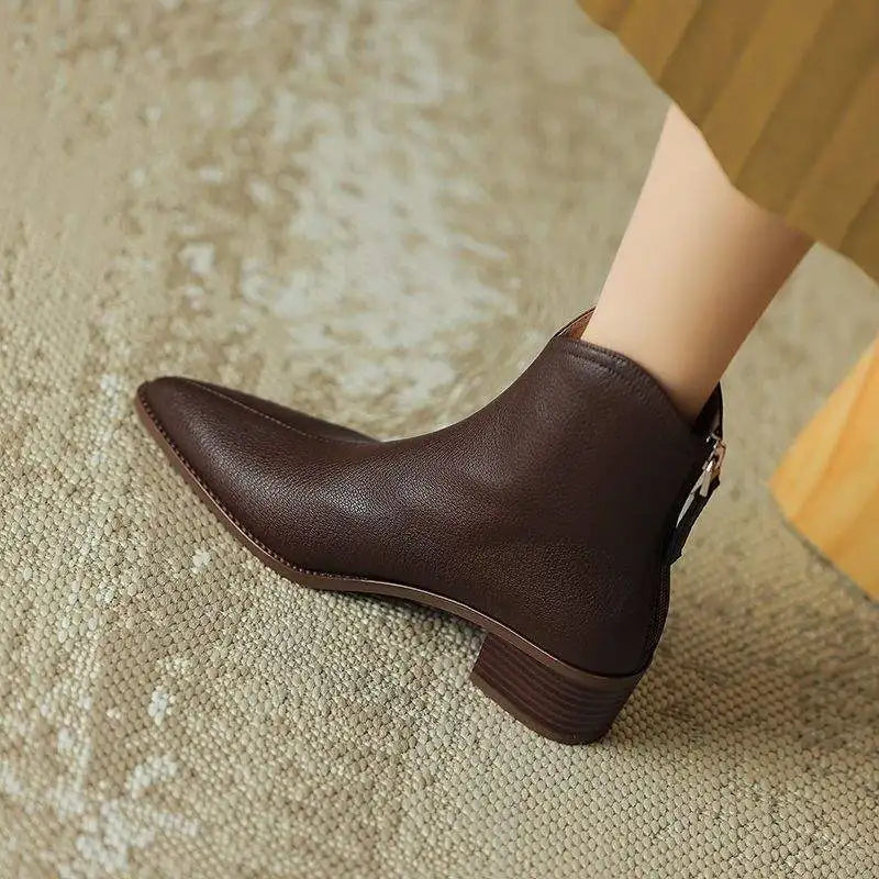 Women's Leather-Look Pointed-Toe Ankle Boots in Brown – Product view | Hensley London