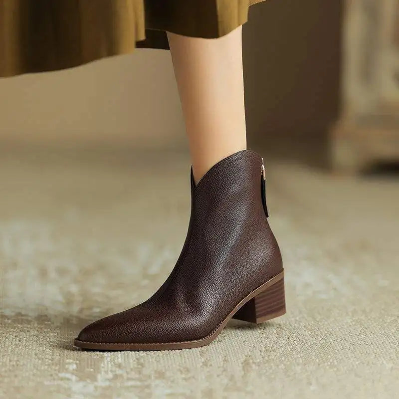 Women's Leather-Look Pointed-Toe Ankle Boots in Brown – Product view | Hensley London
