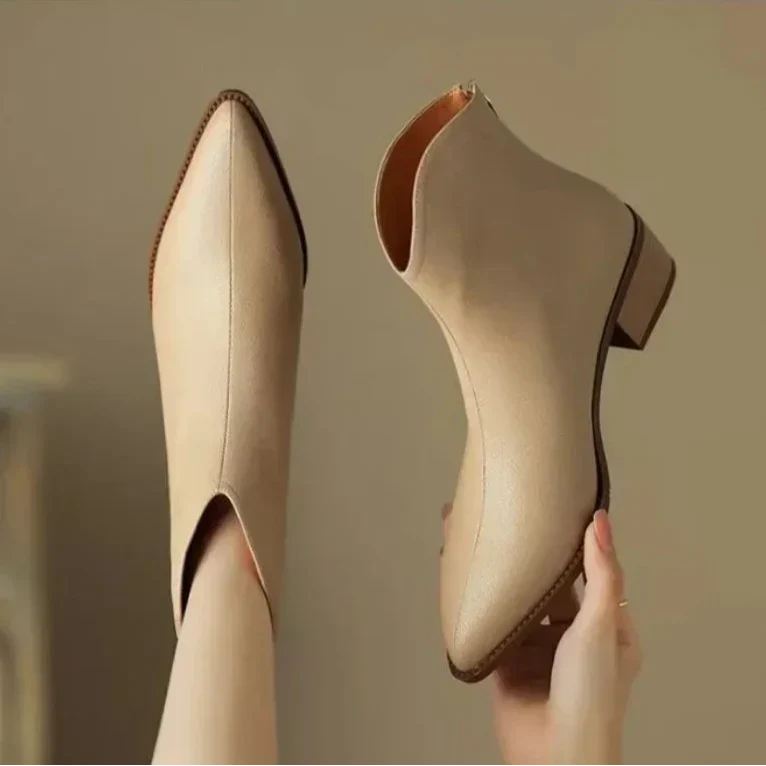 Women's Leather-Look Pointed-Toe Ankle Boots in Beige – Product view | Hensley London