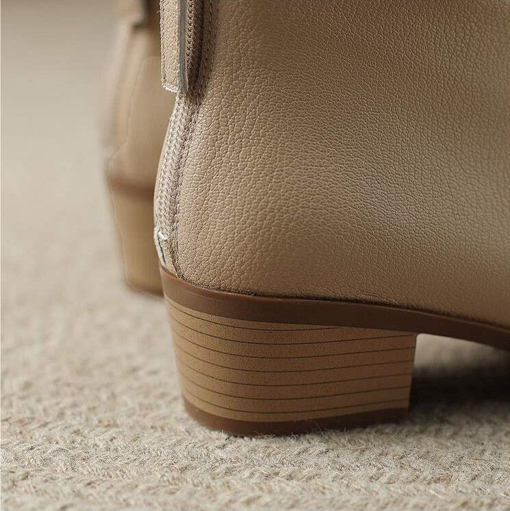 Women's Leather-Look Pointed-Toe Ankle Boots in Beige – Product view | Hensley London