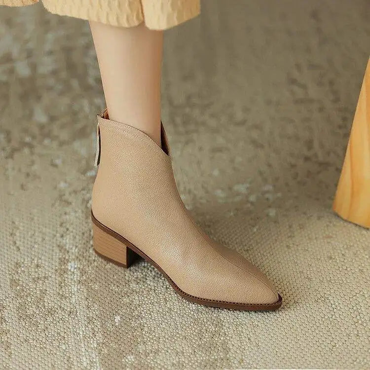 Women's Leather-Look Pointed-Toe Ankle Boots in Beige – Product view | Hensley London