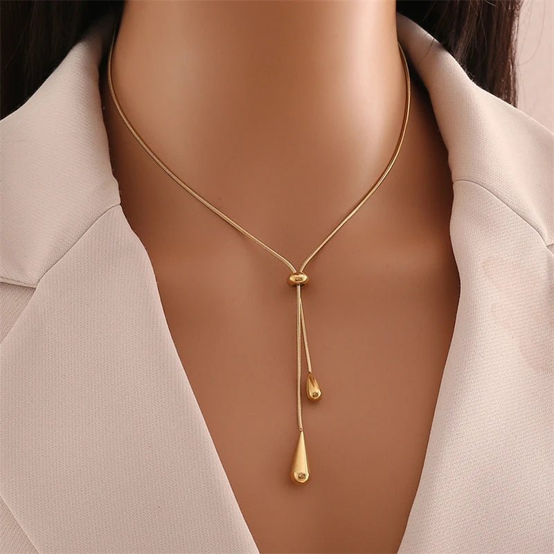 Adjustable Lariat Necklace and Earring Set with Droplet Design – Elegant Stainless Steel Jewelry for Women 0