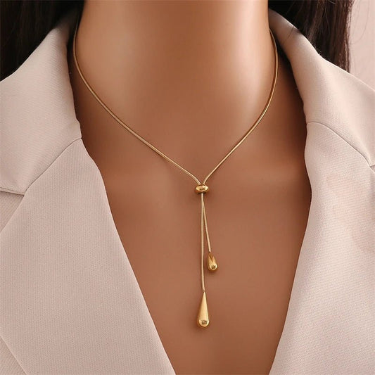 Adjustable Lariat Necklace and Earring Set with Droplet Design – Elegant Stainless Steel Jewelry for Women 0