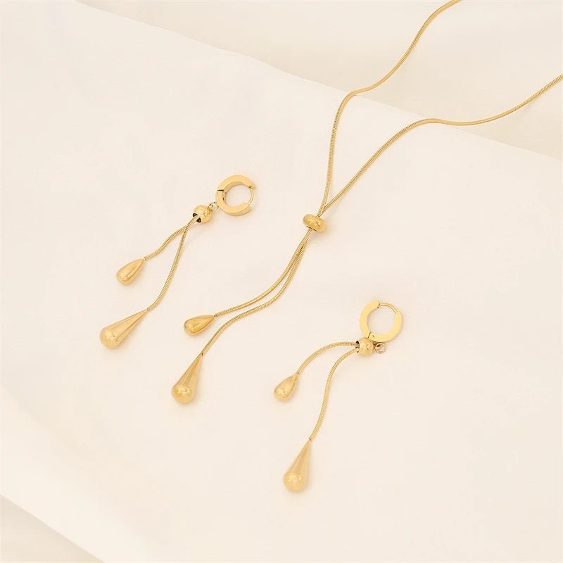 Adjustable Lariat Necklace and Earring Set with Droplet Design – Elegant Stainless Steel Jewelry for Women 4