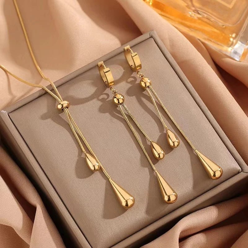 Adjustable Lariat Necklace and Earring Set with Droplet Design – Elegant Stainless Steel Jewelry for Women 6