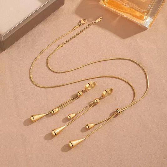 Adjustable Pull Droplet Necklace and Earring Set – Elegant Stainless Steel Jewelry for Women 1